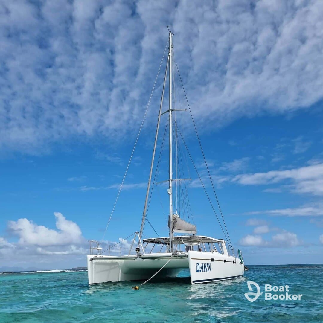 A stunning view of the catamaran 'Dawn' anchored in crystal-clear waters, showcasing its sleek design against a backdrop of blue skies and fluffy clouds.