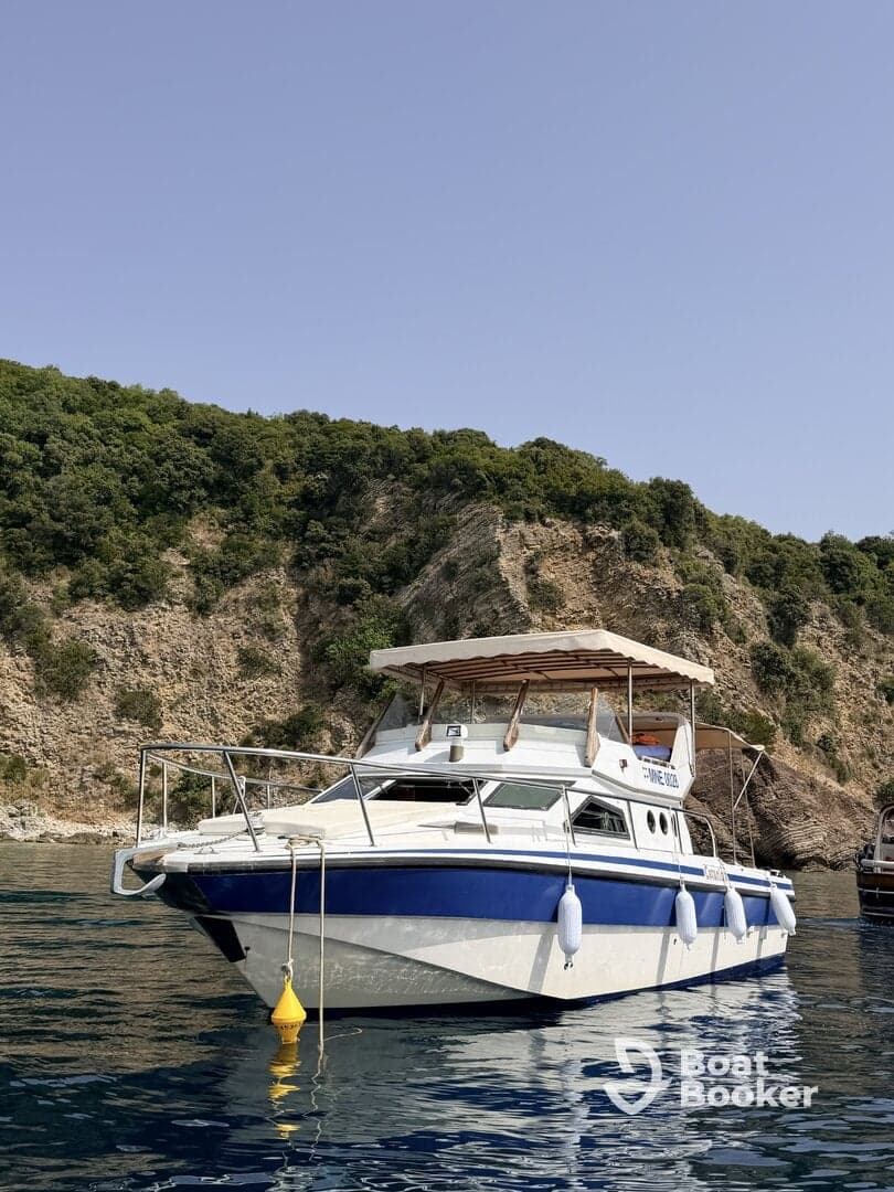 A beautiful yacht anchored in calm waters, surrounded by lush greenery, perfect for a day of relaxation on the water.