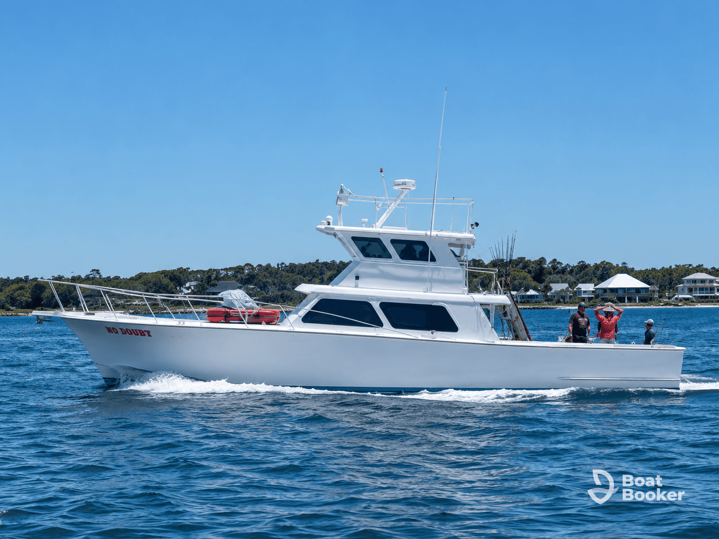 A group of friends enjoys a day of fishing aboard the 'No Doubt' boat, showcasing the excitement of on-water adventures.