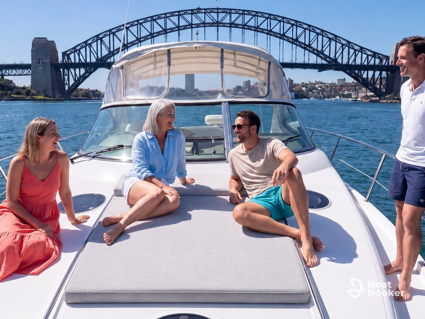 A cheerful group of friends enjoys a sunny day on a boat in Sydney, creating unforgettable memories against the iconic Sydney Harbour Bridge.