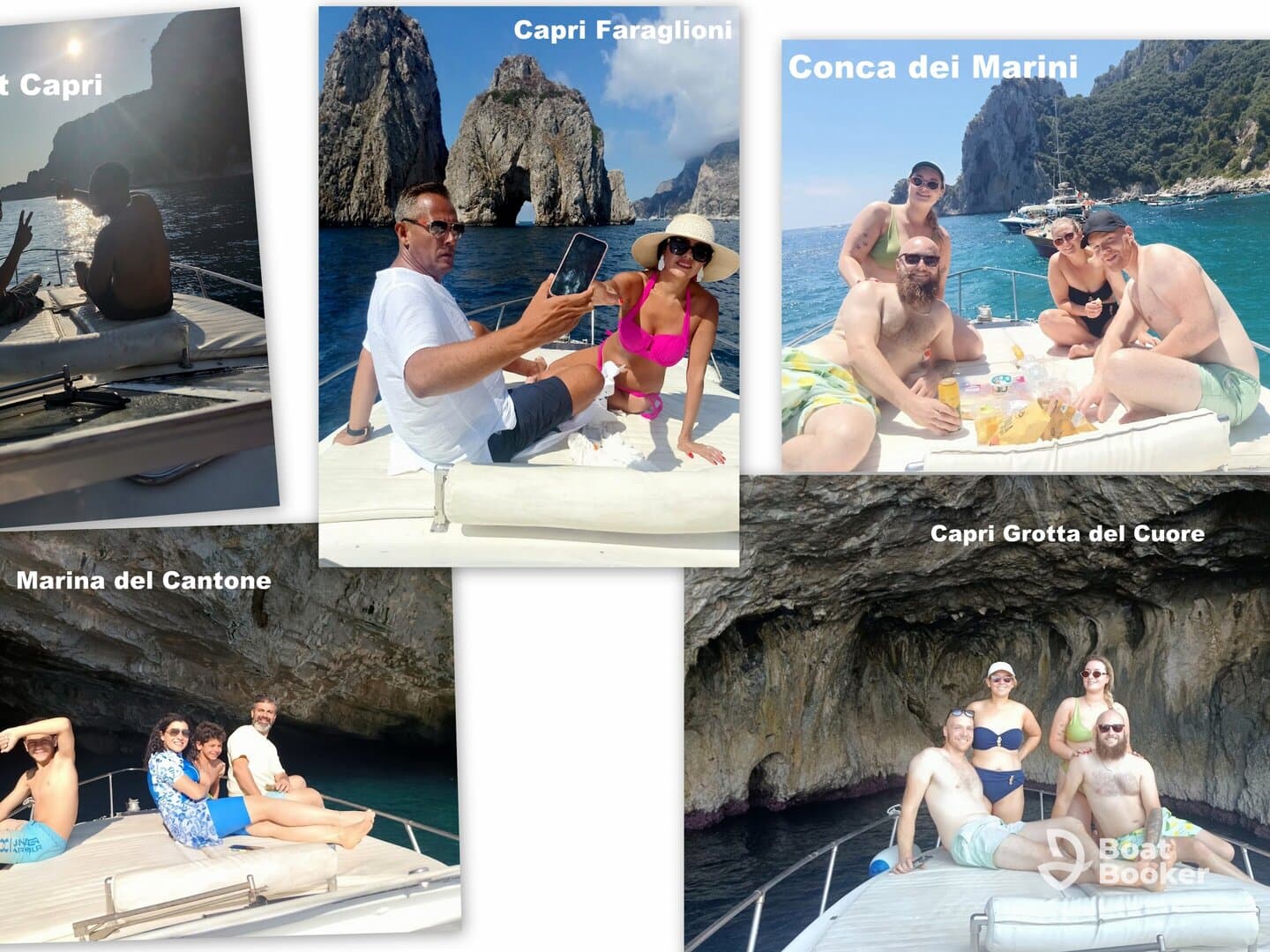 A vibrant group enjoys a day on the water around Capri, capturing memories at iconic spots like the Faraglioni and Grotta del Cuore — perfect for unforgettable boat trips.