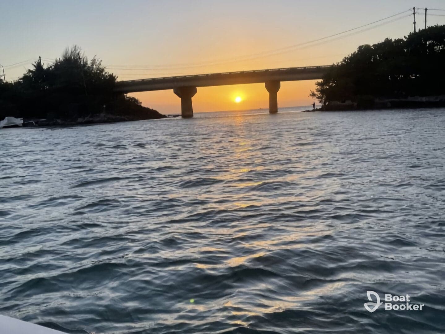 A stunning sunset view over the water, framed by a bridge and lush greenery, creating a picturesque scene perfect for evening boat cruises.
