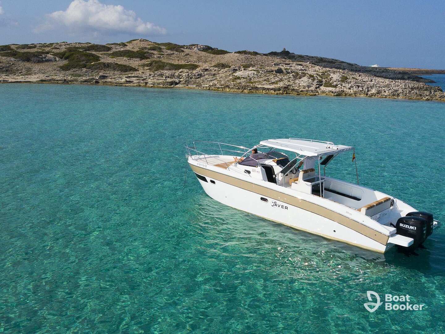 A stunning aerial view of a Saver boat cruising through crystal-clear turquoise waters, showcasing the vessel's sleek design against a picturesque backdrop.