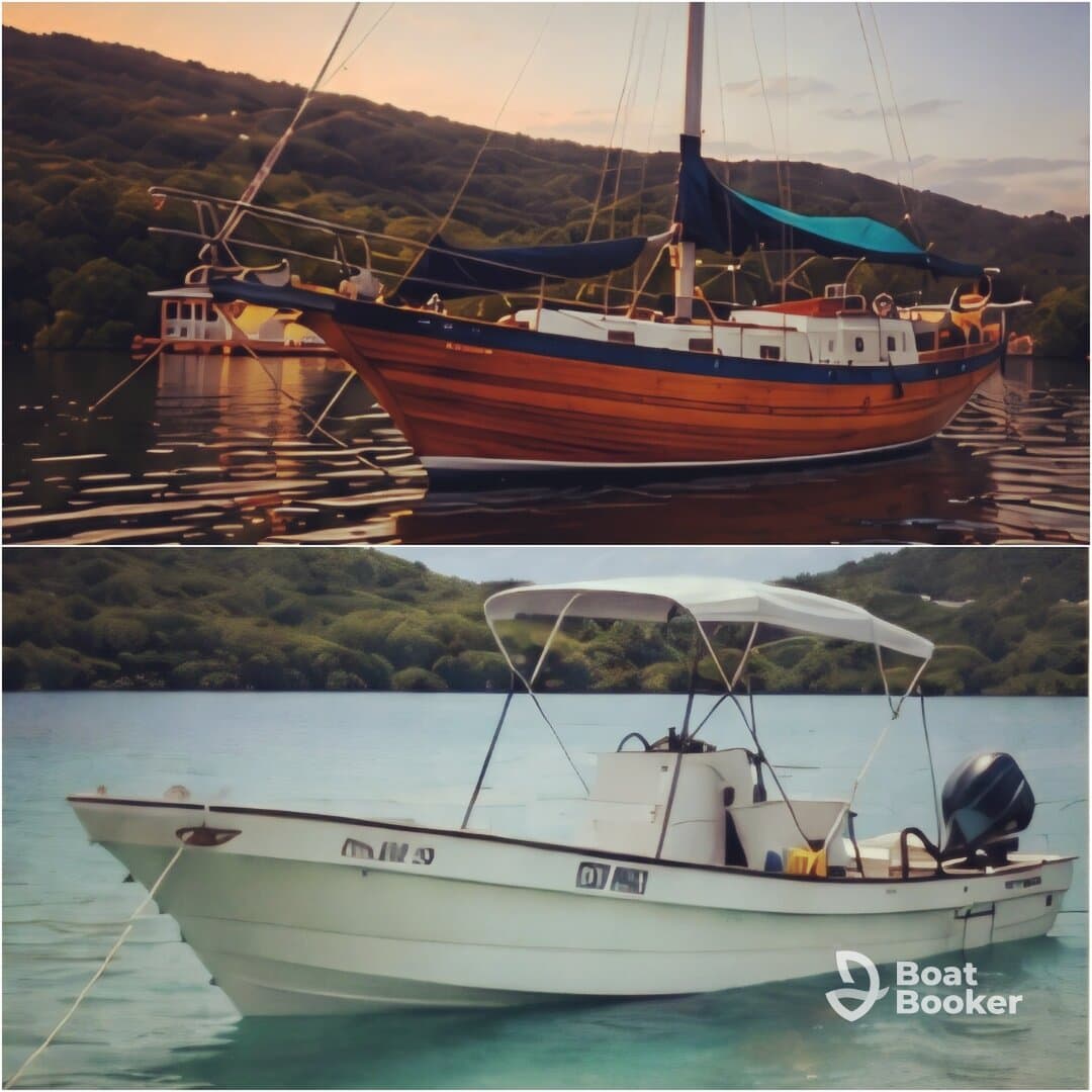 A stunning view of two boats anchored in tranquil waters, showcasing the beauty of maritime craftsmanship against a lush green backdrop.