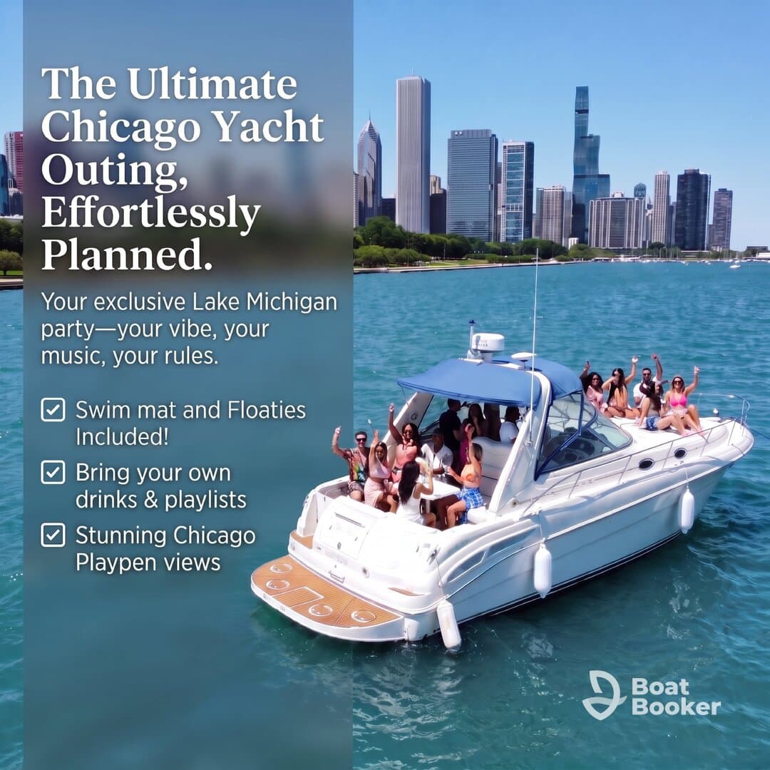 A lively group enjoys a yacht outing on Lake Michigan, showcasing stunning views of the Chicago skyline — perfect for exclusive parties and celebrations.