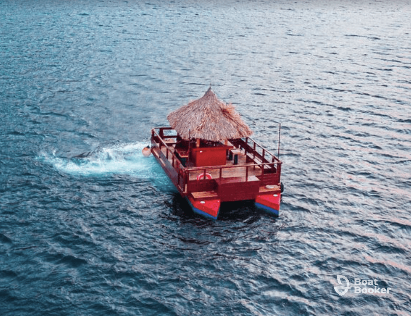 Aerial view of a charming tiki boat cruising through serene waters, perfect for tropical getaways and leisurely adventures.