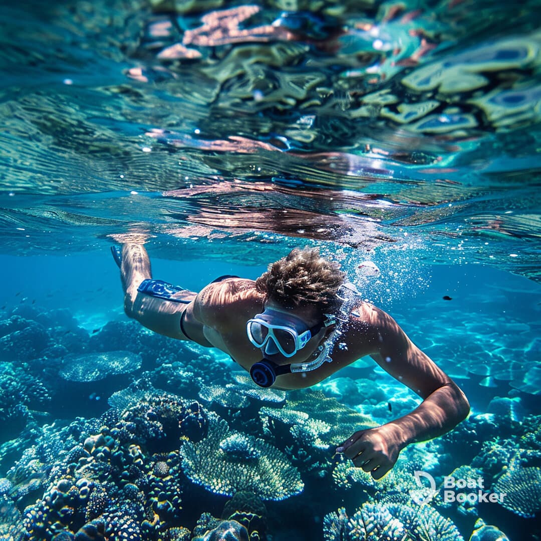 A snorkeler explores vibrant coral reefs underwater, showcasing the beauty of marine life and the thrill of snorkeling adventures.