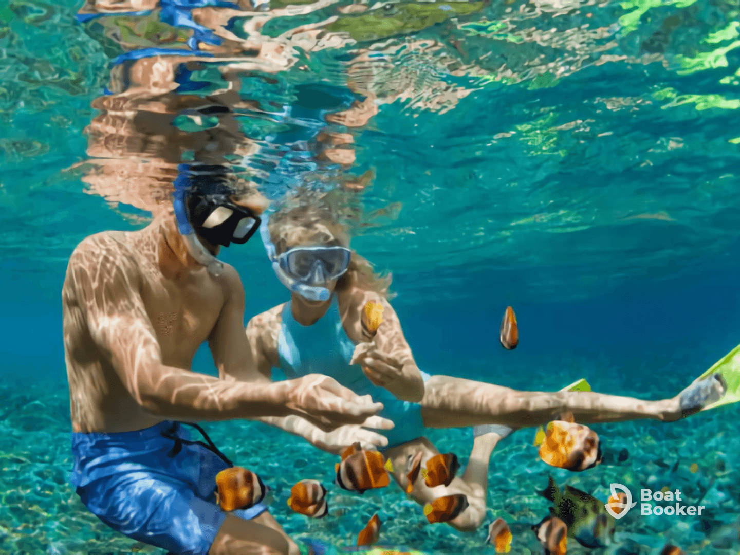 A couple enjoys snorkeling underwater, surrounded by colorful fish in crystal-clear waters — a perfect adventure for marine life enthusiasts.