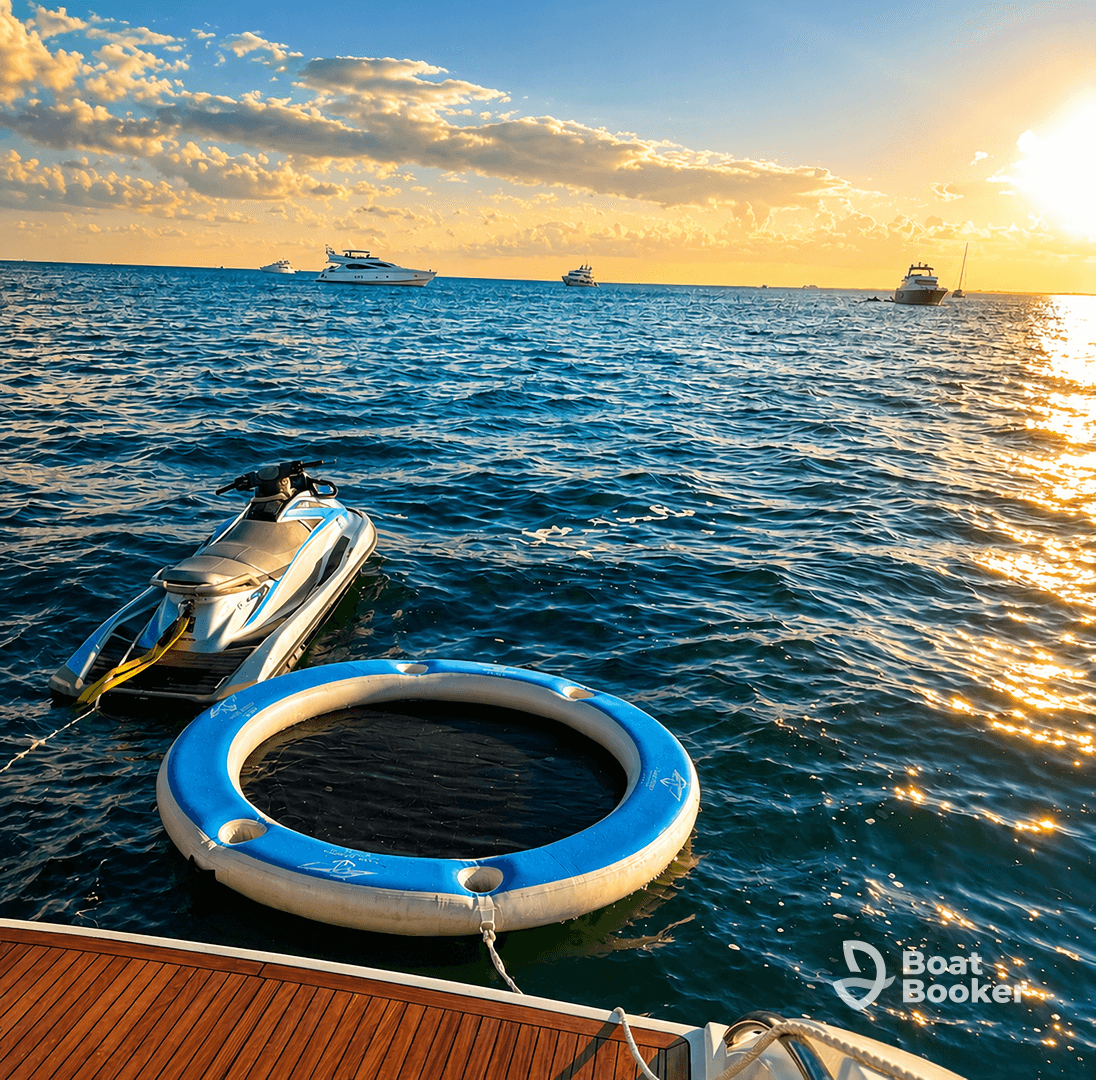 A serene sunset view featuring a jet ski and a floating mat, perfect for enjoying water activities in style.