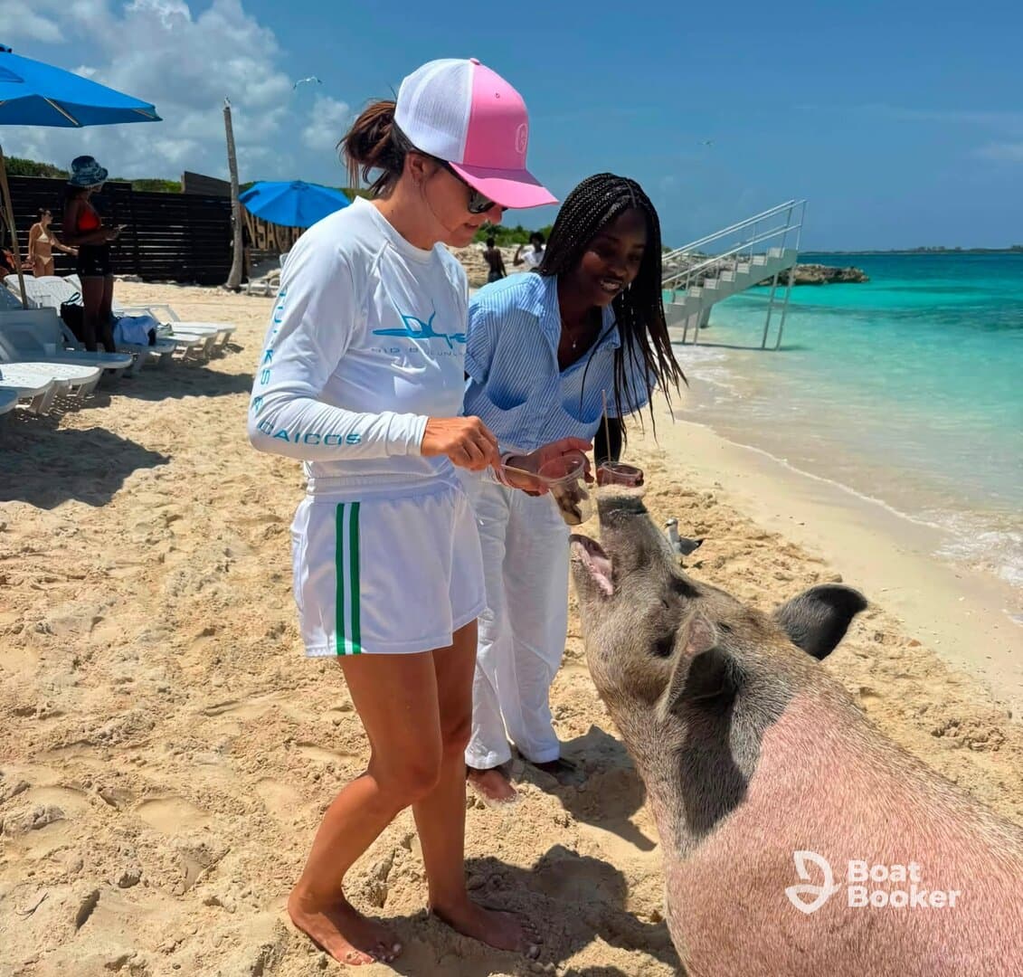 Two women interact with a friendly pig on the beach, showcasing a unique wildlife experience in the Bahamas — a must-see for animal lovers.