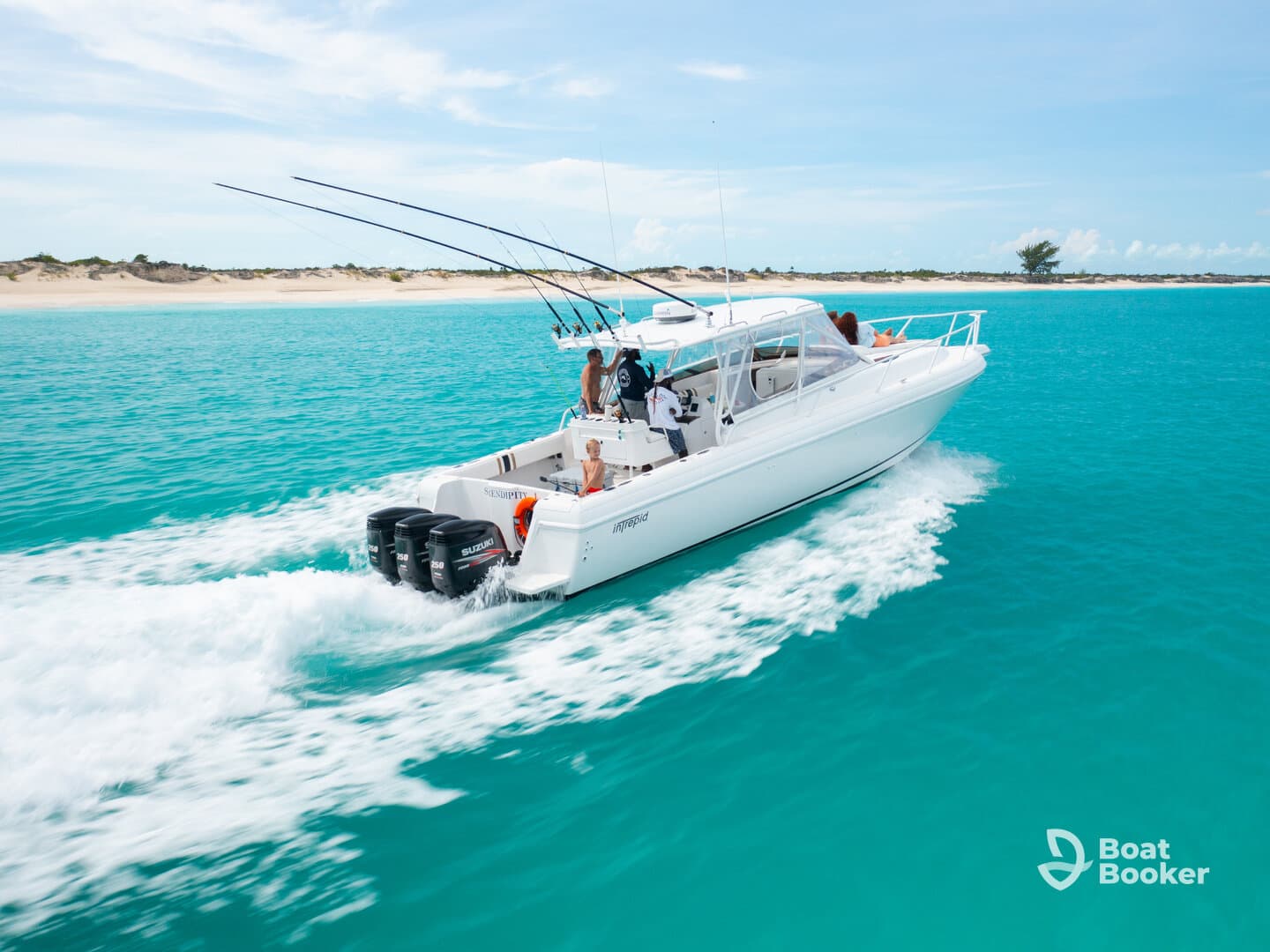 A speedboat named 'Serendipity' glides through crystal-clear turquoise waters, perfect for fishing adventures and exploring beautiful coastlines.