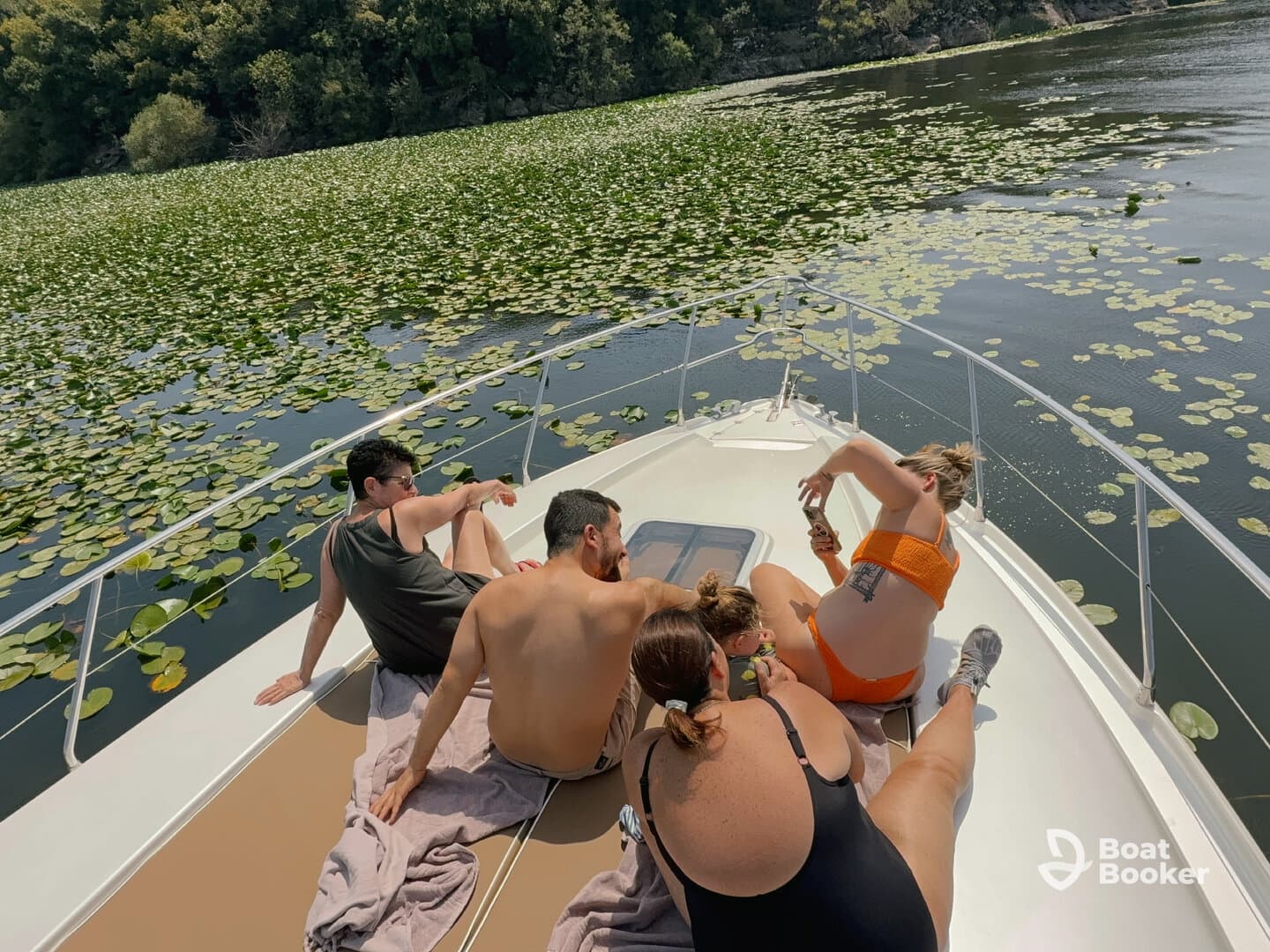 A lively group enjoys a sunny day on a boat surrounded by beautiful lily pads, capturing fun moments and family bonding on the water.