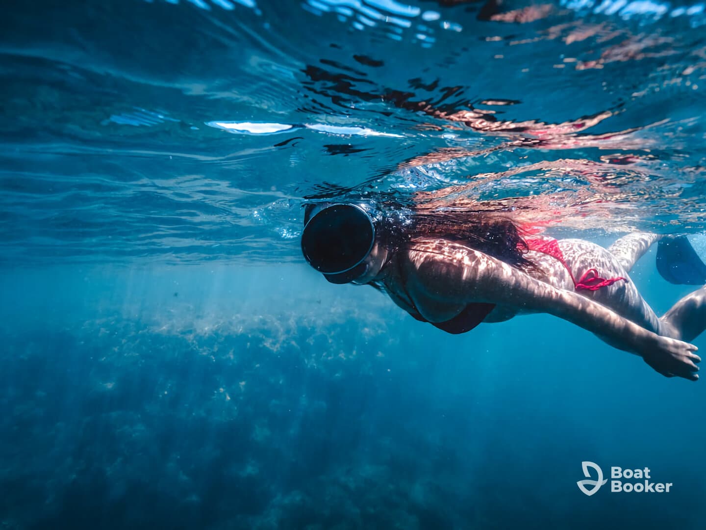 A swimmer enjoys snorkeling in crystal-clear waters, showcasing the vibrant underwater world — perfect for adventure seekers and marine enthusiasts.