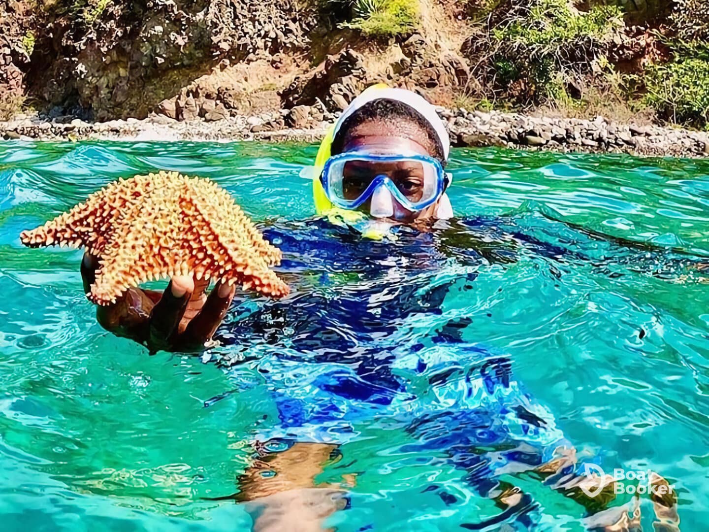 A snorkeler holds a vibrant starfish while swimming in crystal-clear waters, showcasing the beauty of marine life in a tropical paradise.