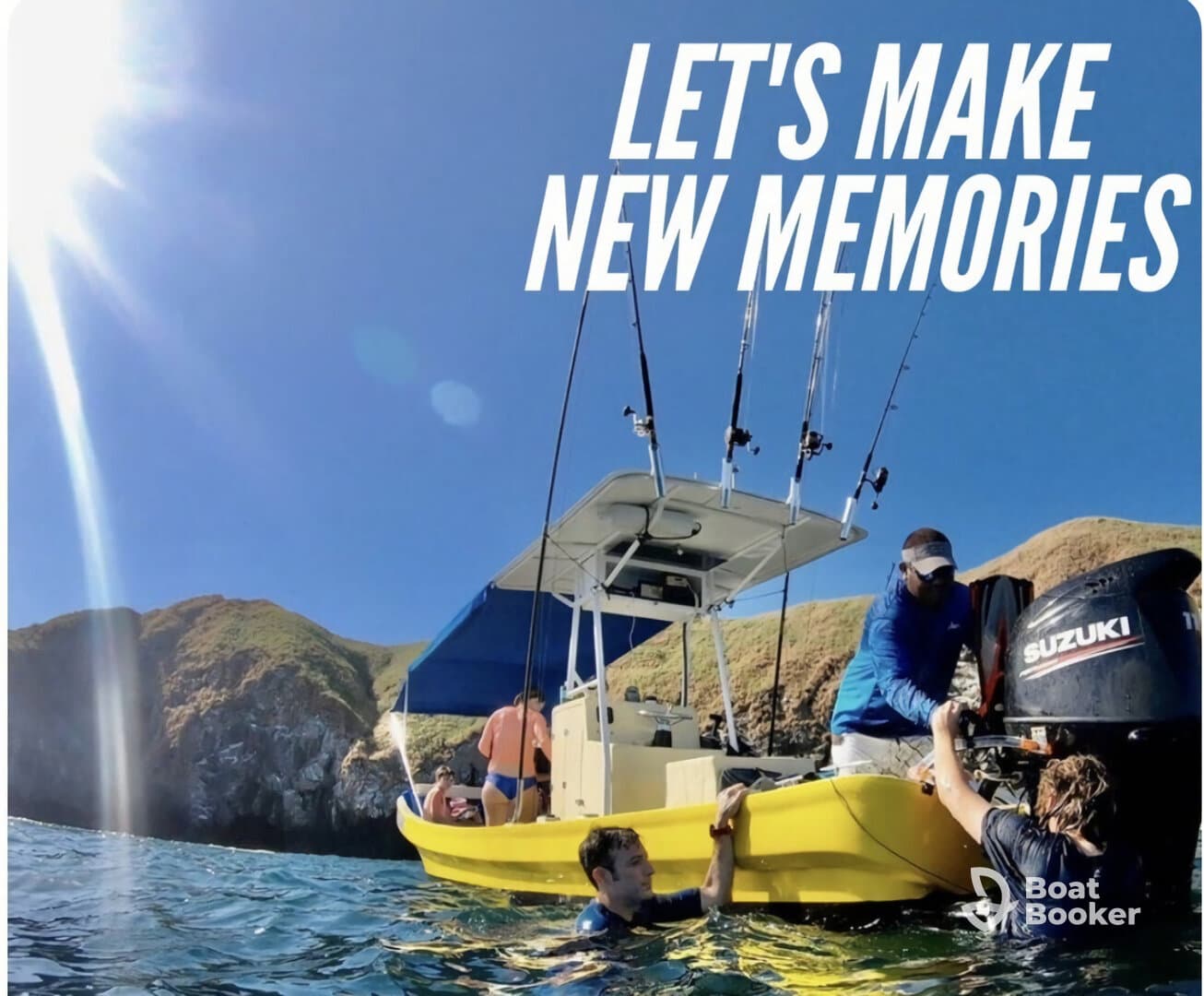 A group enjoys a fun day on the water, engaging in fishing activities and creating lasting memories aboard a vibrant yellow boat.