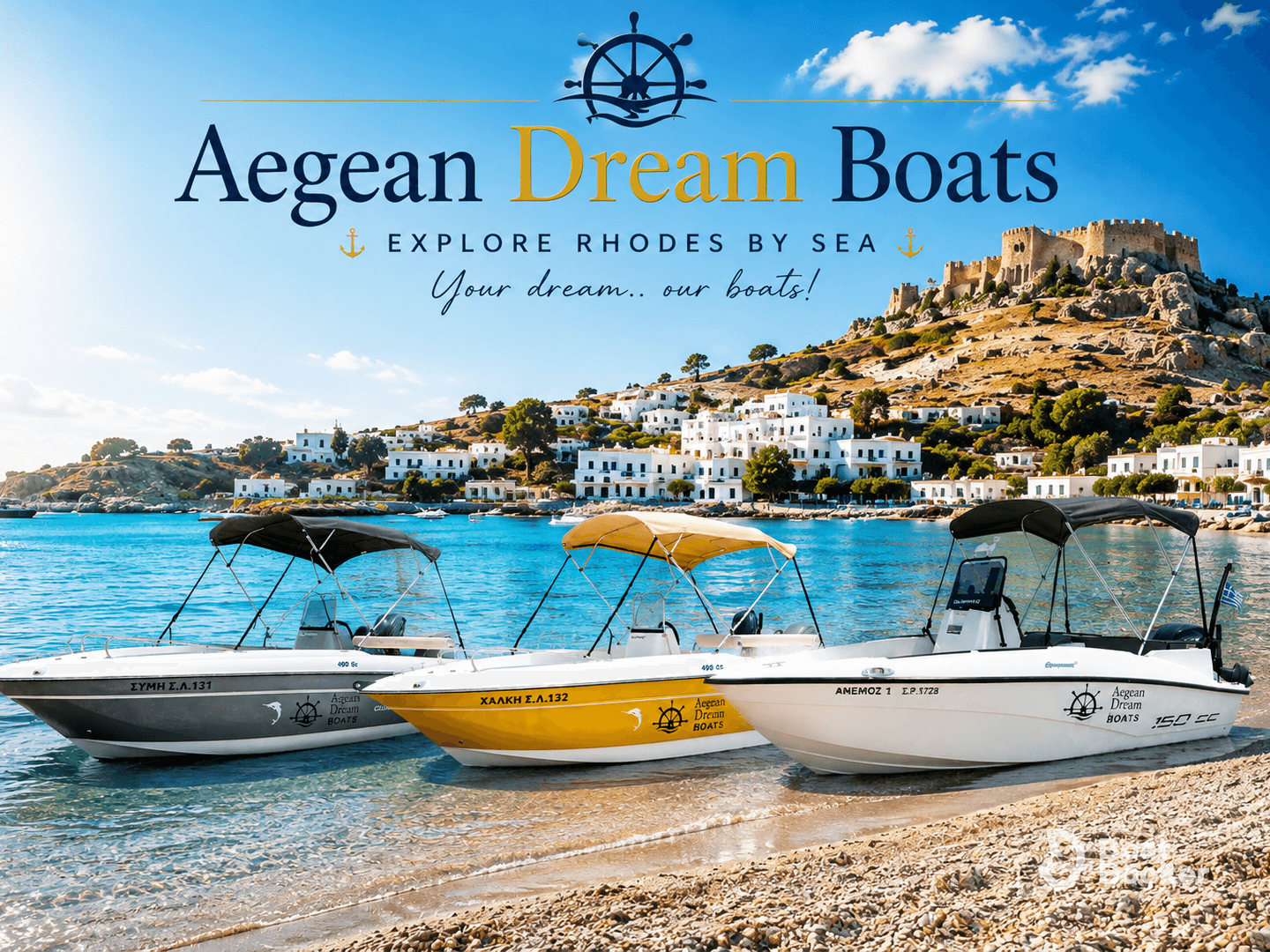 Three boats from Aegean Dream Boats are docked on a picturesque beach in Rhodes, showcasing the stunning coastal scenery and inviting waters for exploration.