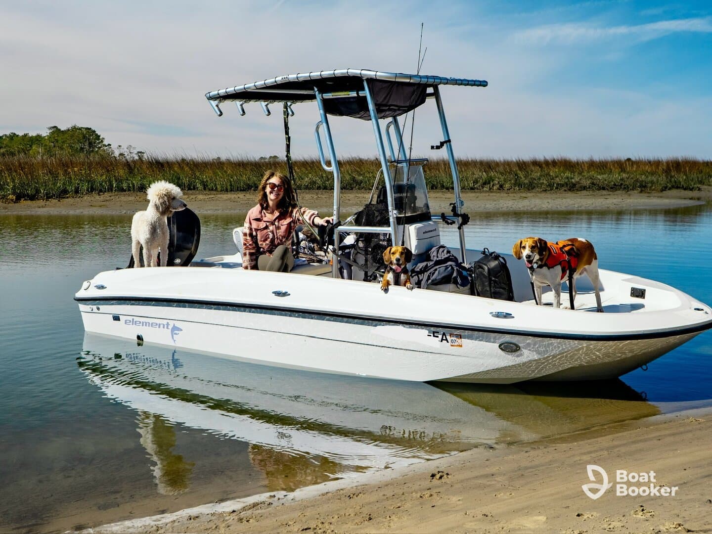 A woman enjoys a sunny day on a boat with her three dogs, showcasing a perfect outdoor adventure on the water.