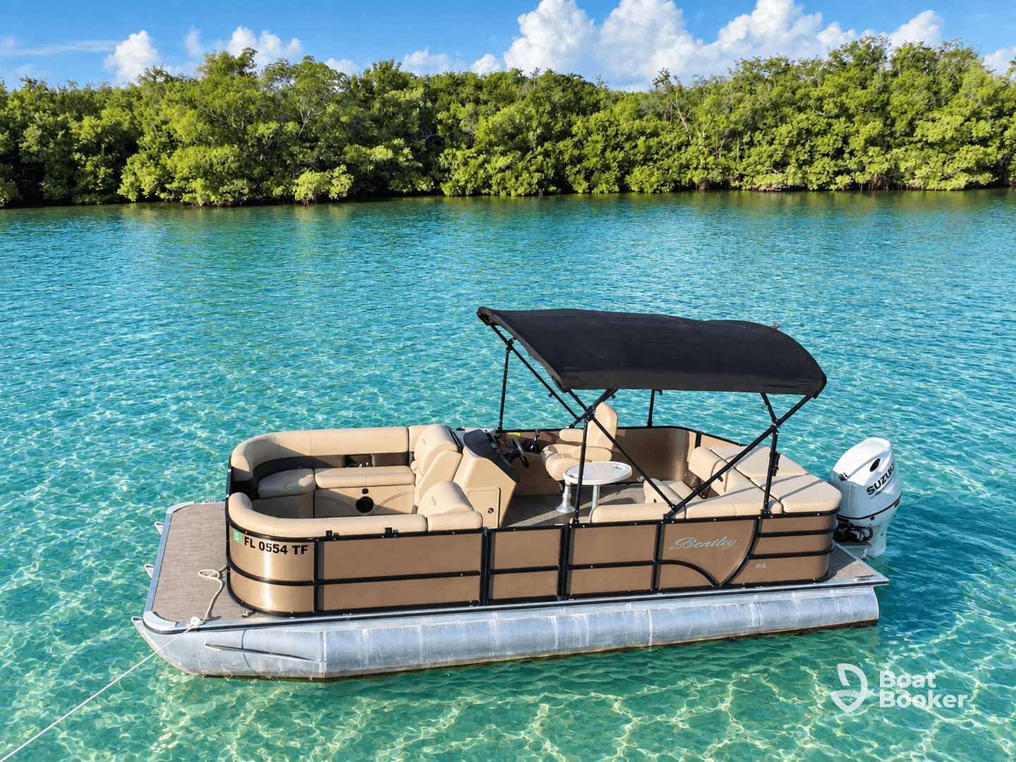 A beautiful pontoon boat anchored in crystal-clear waters, surrounded by lush greenery — perfect for leisurely outings and family fun on the water.