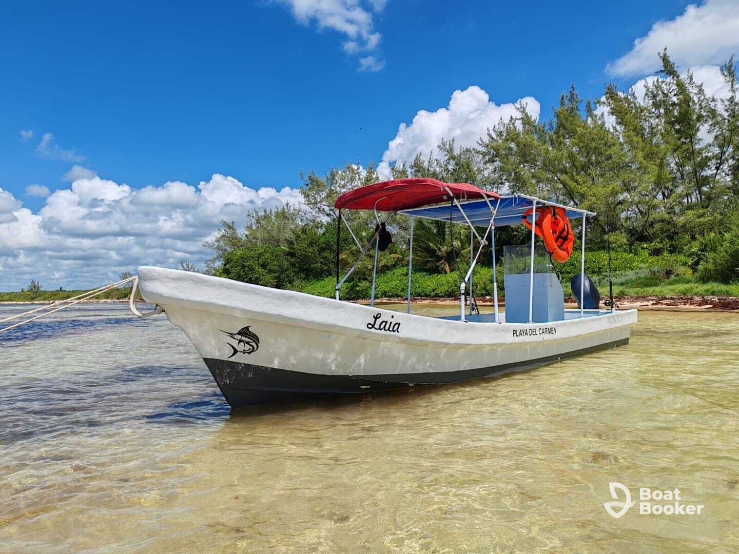 A picturesque view of the 'Laia' boat anchored in shallow waters, surrounded by lush greenery and a vibrant blue sky — perfect for exploring the beautiful coastline.