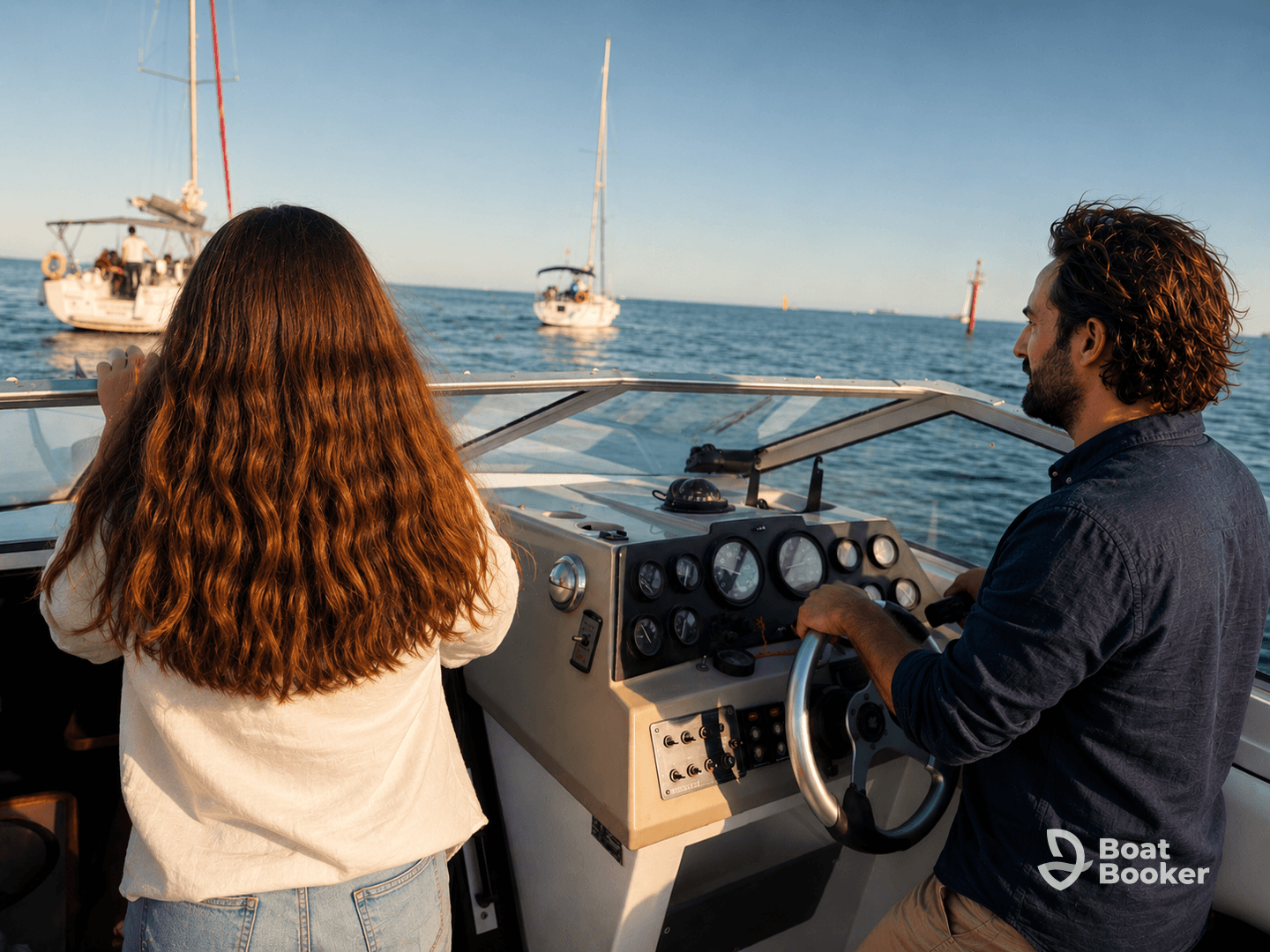 A couple enjoys a scenic boating experience, with the captain steering the boat while the passenger takes in the view of nearby vessels — perfect for a day on the water.