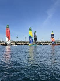 A vibrant display of sailboats docked in the harbor, showcasing colorful sails against a clear blue sky — perfect for sailing enthusiasts and regatta events.
