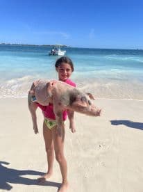 A young girl joyfully holds a pig on the beach, showcasing a unique wildlife interaction in the Bahamas — a memorable experience for visitors.