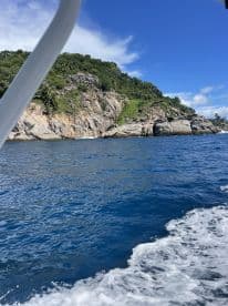 A picturesque view of rocky coastline and lush greenery from a boat, showcasing the stunning natural beauty of the area.