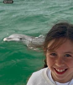 A joyful child smiles as a dolphin swims close by, capturing a magical moment of human-animal interaction in the water.