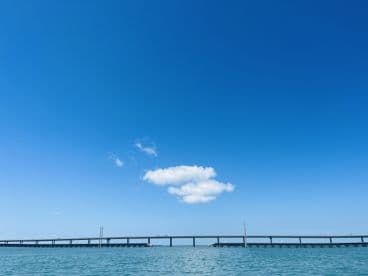 A scenic view of a bridge against a clear blue sky, with calm waters below, creating a tranquil atmosphere.