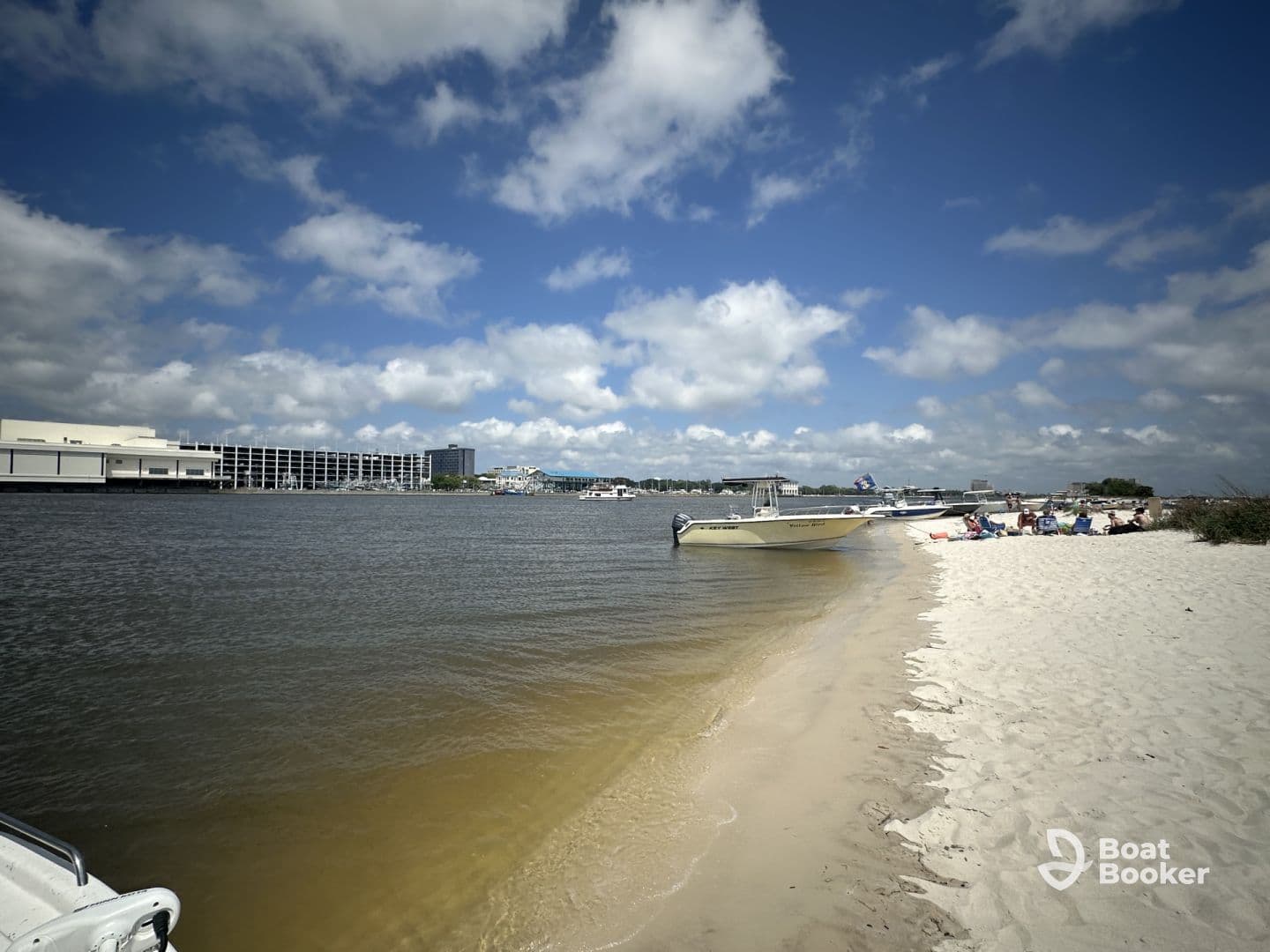 A lively beach scene with a group enjoying a sandbar stop, showcasing relaxation and fun under the sun.