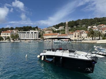A sleek boat docked in a picturesque harbor, surrounded by charming coastal buildings and lush greenery, perfect for exploring the beautiful waterfront.
