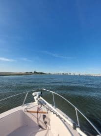 A view from the front of a boat cruising through calm waters, showcasing a clear blue sky and a distant bridge — perfect for a day out on the water.