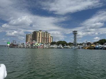 A picturesque view of a bustling harbor featuring various boats and a vibrant skyline, perfect for showcasing waterfront activities and attractions.