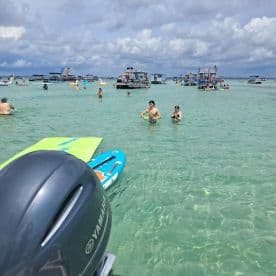 A lively scene at a beach with people enjoying swimming and paddleboarding in clear waters, showcasing the perfect summer day on the water.