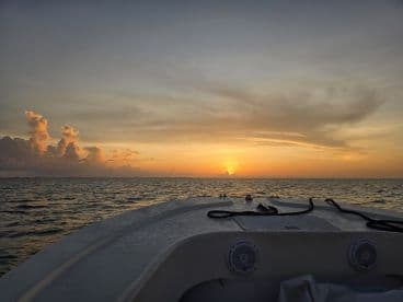 A serene sunset view from the bow of a boat, showcasing the tranquil waters and vibrant sky — perfect for evening cruises.