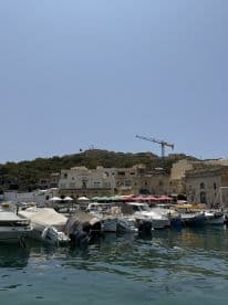 A picturesque view of a harbor filled with various boats, showcasing the vibrant atmosphere of coastal life.