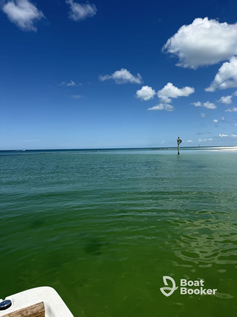 A scenic view of the ocean with a distant marker, but the image lacks clarity and focus.