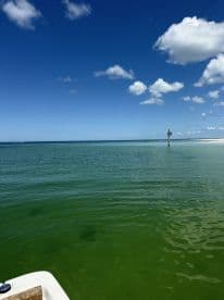 A scenic view of the ocean with a distant marker, but the image lacks clarity and focus.
