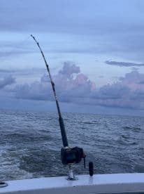 A fishing rod bent under tension, showcasing the excitement of deep-sea fishing. Perfect for anglers looking to reel in their next big catch.