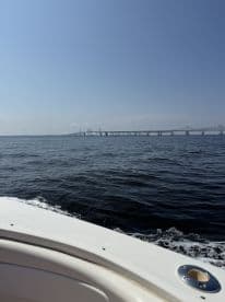 A scenic view from the side of a boat, showcasing the calm waters and a distant bridge under a clear blue sky — perfect for a day out on the water.