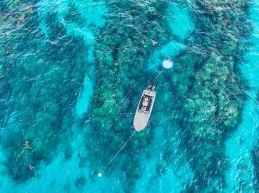 An aerial view captures a boat anchored in stunning turquoise waters, with people enjoying snorkeling and swimming nearby — a perfect scene for water adventures.