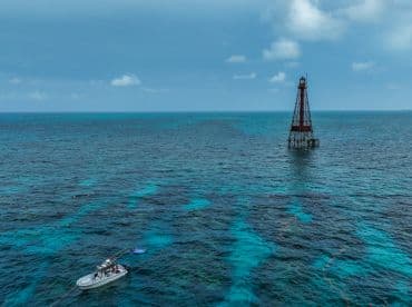 A scenic view of a boat near a lighthouse in turquoise waters, with people enjoying snorkeling nearby — a perfect spot for marine adventures.
