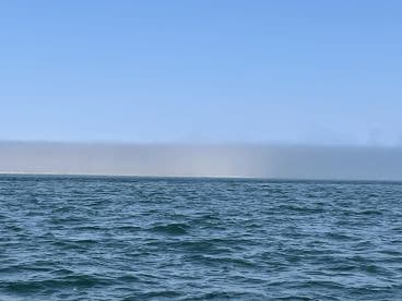 A distant view of water and a hazy shoreline, lacking clarity and detail.