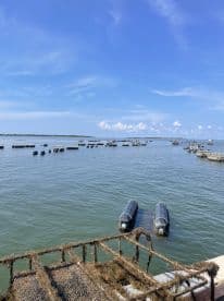 A view of the water with various structures in the distance, but the image lacks clarity and focus.