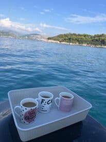 A stylish display of coffee mugs on a tray, perfect for enjoying drinks while cruising on the water. Ideal for a relaxing day at sea.