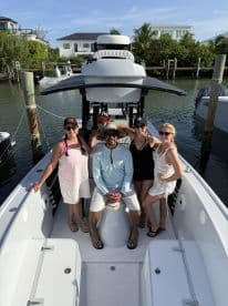 A lively group poses on a boat, ready for a fun day on the water — perfect for celebrations and memorable outings.