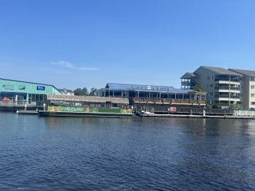 A vibrant pontoon boat named 'Pontoon Myrtle' docked alongside waterfront establishments, showcasing a picturesque day on the water.