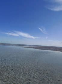 A serene view of shallow waters under a clear blue sky, capturing the tranquility of a coastal landscape.