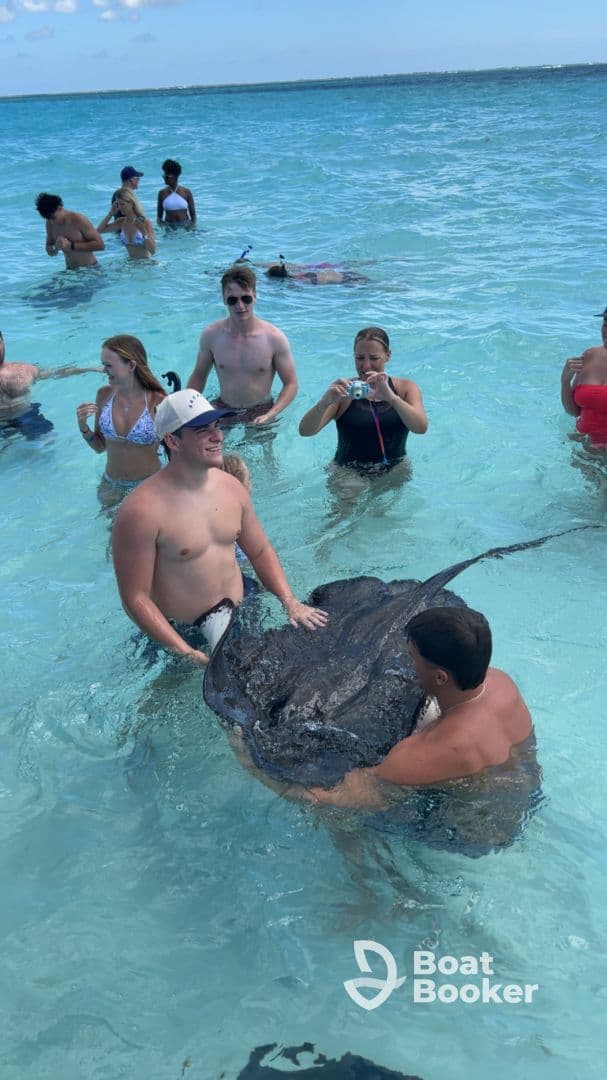 A group of excited guests interacts with a stingray in shallow waters, capturing a memorable wildlife experience during their aquatic adventure.