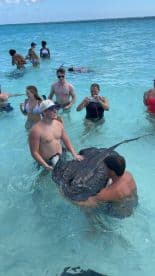 A group of excited guests interacts with a stingray in shallow waters, capturing a memorable wildlife experience during their aquatic adventure.